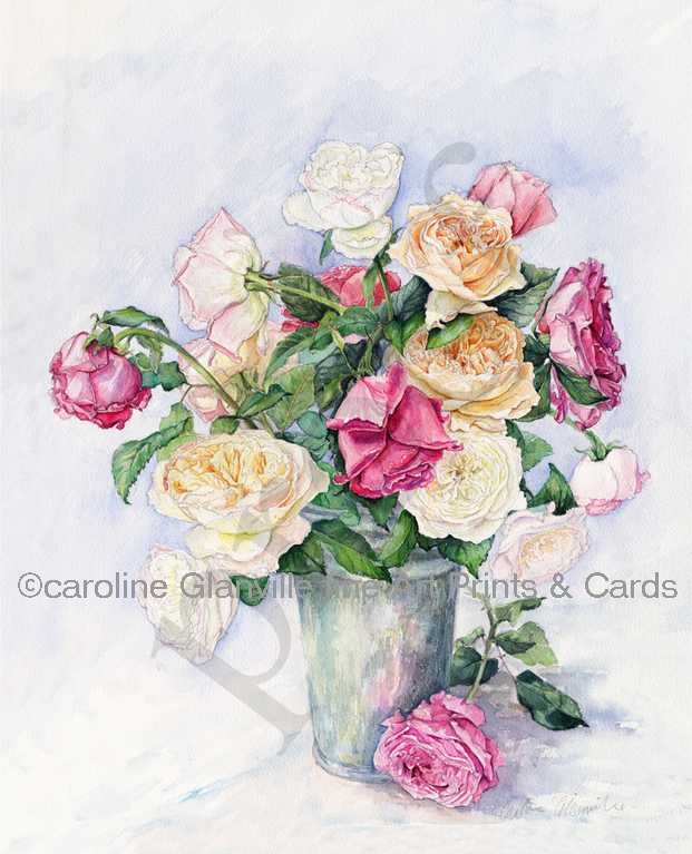 Bucket of roses, painting by Caroline Glanville